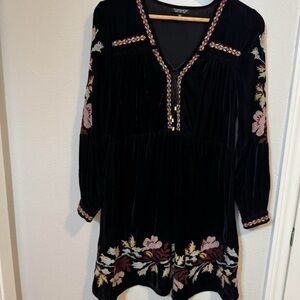 Topshop Black Velevet Dress with Floral Embroidery